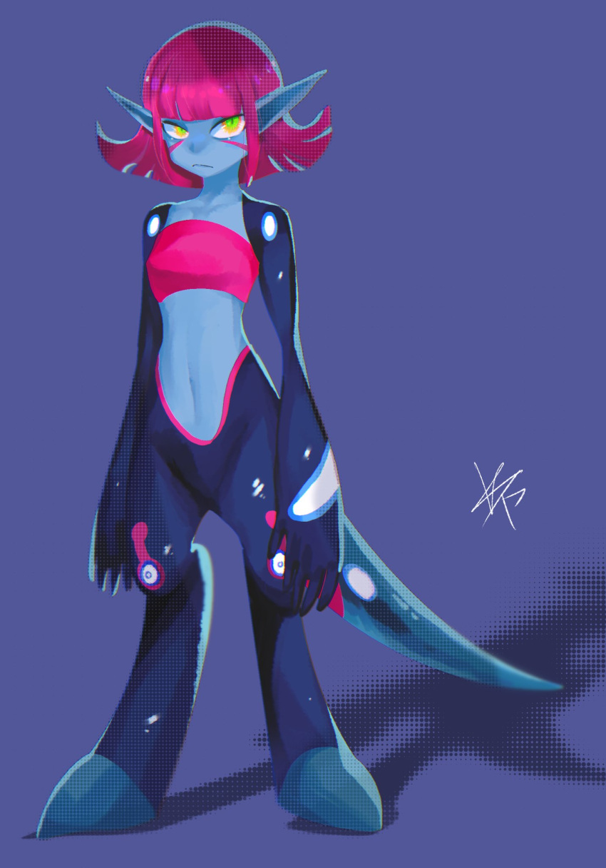 1girl, blue_skin, colored_skin, duna_(fossil_fighters), fossil_fighters, green_eyes, highres, looking_at_viewer, monster_girl, pink_hair, pink_tube_top, pointy_ears, purple_background, simmahem, simple_background, solo, strapless, tail, tube_top