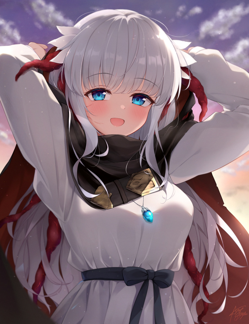 1girl, ameno_sagiri_(artist), amulet, arms_behind_head, arms_up, bloom, blue_eyes, blush