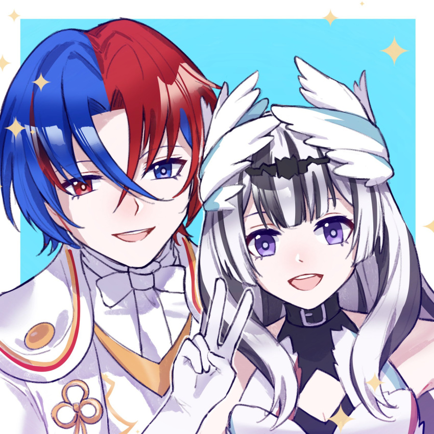1boy, 1girl, black_choker, blue_hair, brother_and_sister, choker, fire_emblem, fire_emblem_engage, hair_between_eyes, heterochromia, highres, looking_at_viewer, male_alear_(fire_emblem), multicolored_hair, open_mouth, prince, red_eyes, red_hair, siblings, smile, split-color_hair, two-tone_hair, veyle_(fire_emblem), violet_eyes, wavy_hair, xinlinxin1