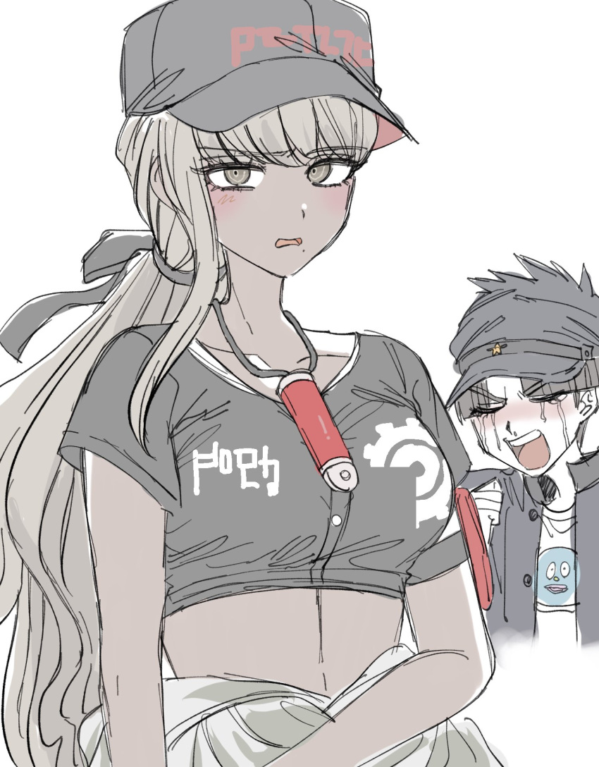 1boy, 1girl, black_hair, black_hat, black_shirt, blush, breasts, closed_eyes, commentary_request, crop_top, crying, dark-skinned_female, dark_skin, eyelashes, grey_hair, hair_ribbon, hat, highres, kawana_tsubasa, long_hair, looking_at_viewer, maruko_gaku, medium_breasts, mole, mole_under_mouth, open_mouth, ponytail, ribbon, shirt, shizune_(sznxb), short_sleeves, simple_background, t-shirt, tears, the_hundred_line_-last_defense_academy-, white_background