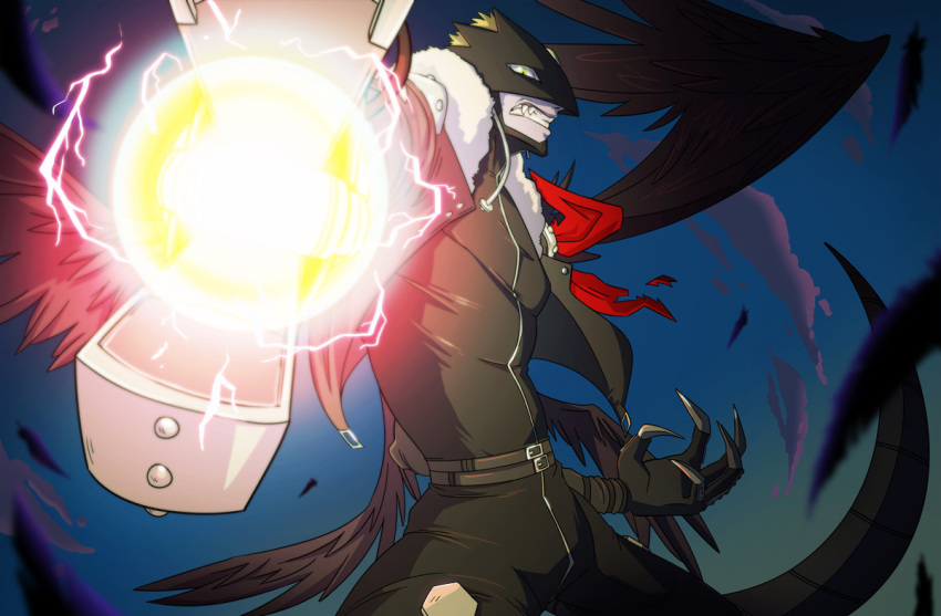 1boy, arm_cannon, beelzebumon, beelzebumon_blast_mode, black_feathers, black_jacket, black_pants, black_wings