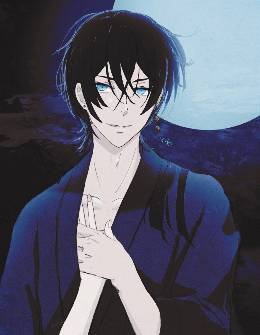1boy, 1girl, absurdres, adam's_apple, bishounen, black_hair, blue_eyes, blue_moon