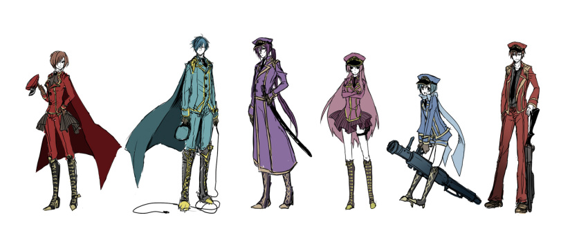 3boys, 3girls, blue_eyes, brown_hair, cape, cravat, crossed_arms, genderswap