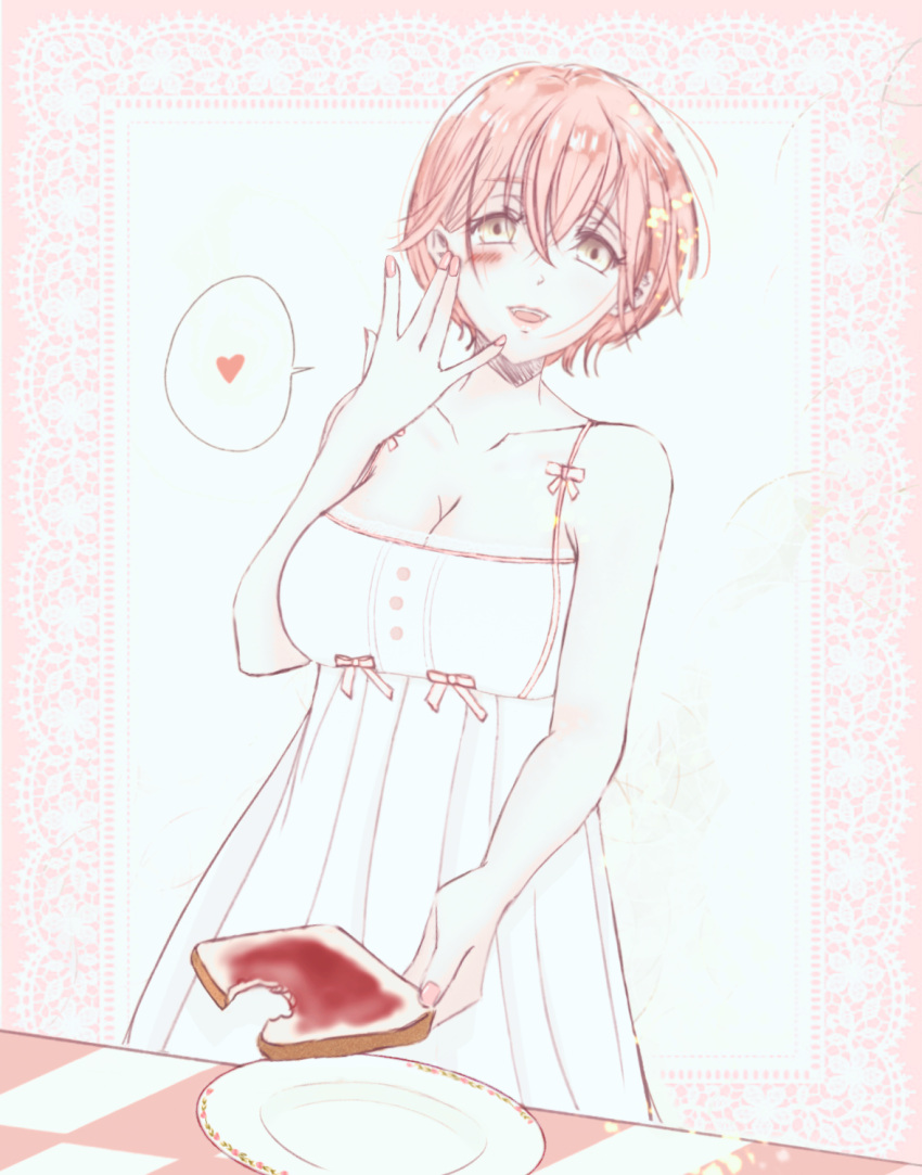 1girl, babydoll, bread, bread_slice, checkered_tablecloth, food, highres, jam