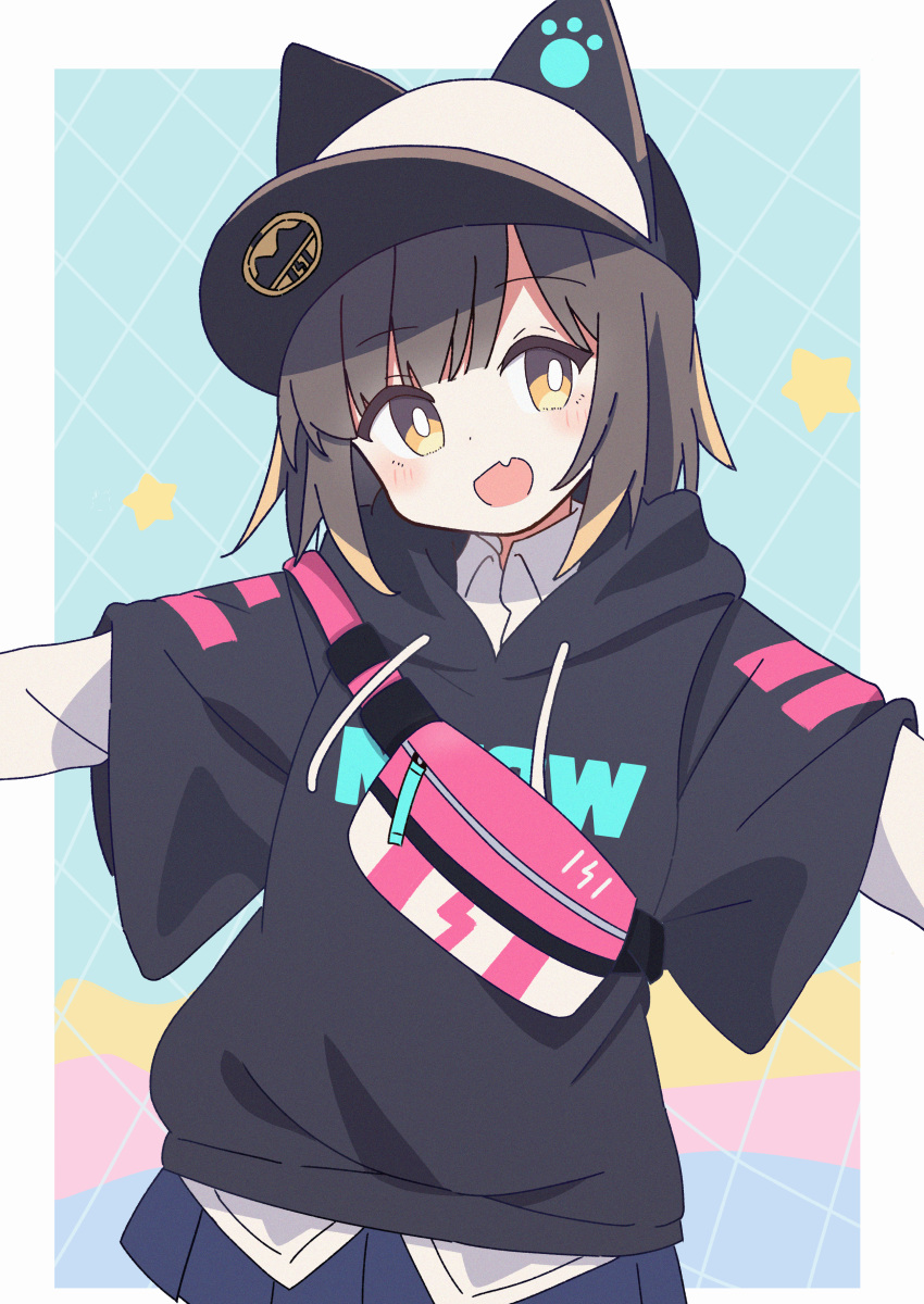 :d, absurdres, animal_ears, animal_hat, arms_up, baseball_cap, black201_wav, black_hair