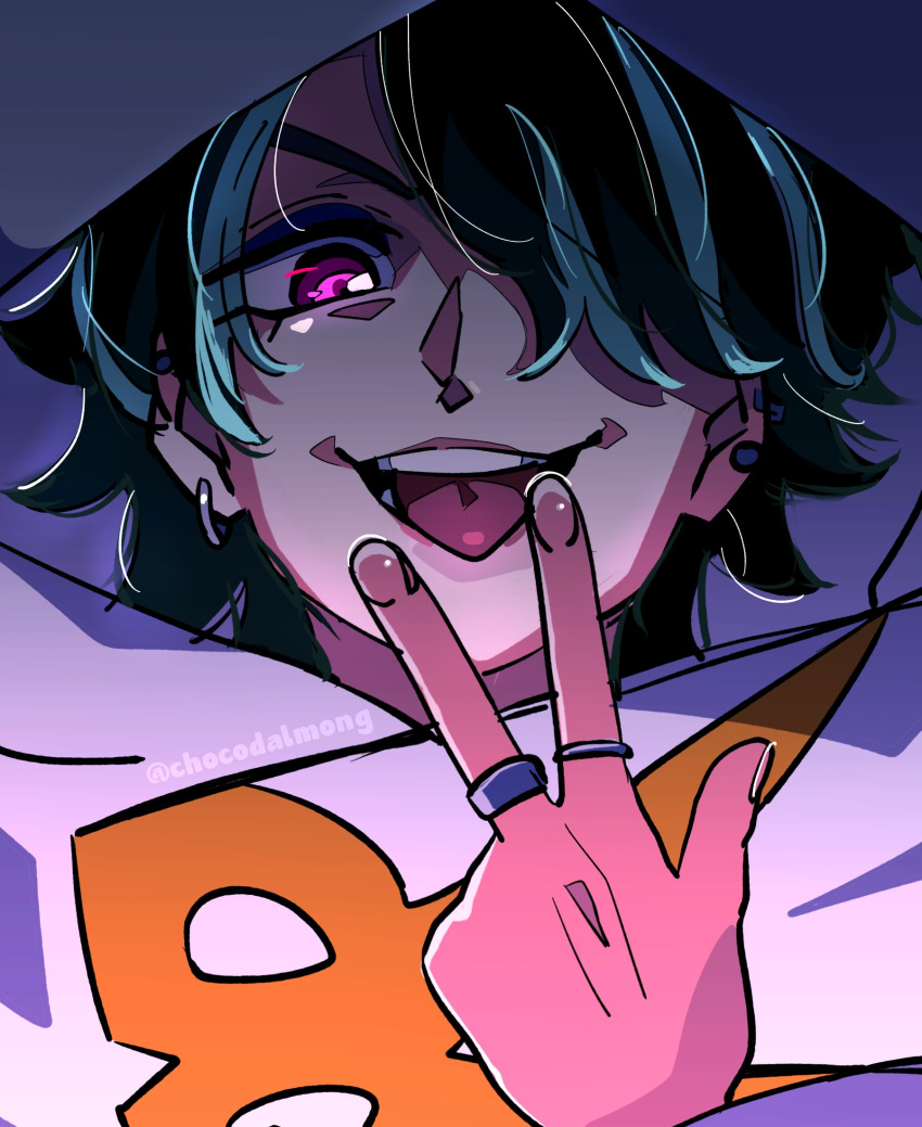 1boy, artist_name, chocodalmong, curly_hair, earrings, green_hair, hair_over_one_eye, highres, hood, hoodie, hoop, hoop_earrings, jewelry, jogi_(precure), kimi_to_idol_precure, looking_down, mature_male, multiple_earrings, one_eye_covered, open_mouth, parted_bangs, precure, ring, scissors, shadow, short_hair, solo, solo_focus, teeth, tongue, twitter_username, upper_body, upper_teeth_only, v, v-shaped_eyebrows, violet_eyes, white_hoodie, zooming_in