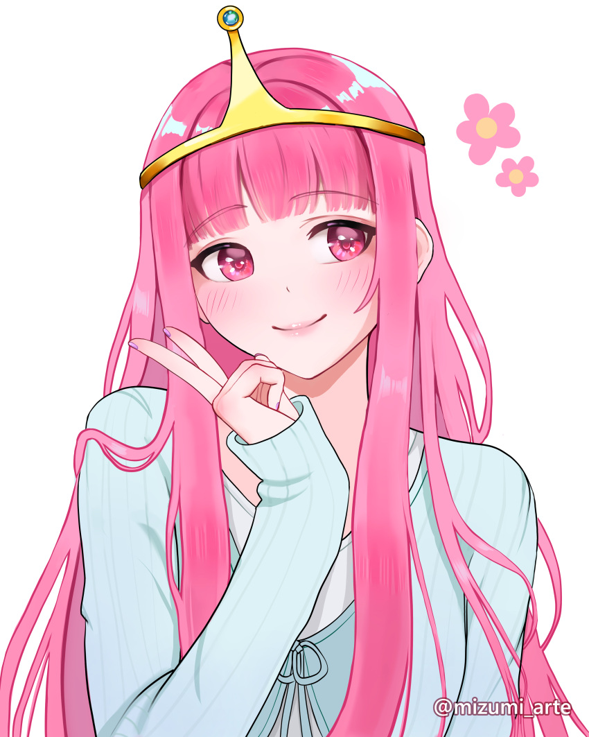 1girl, absurdres, adventure_time, blush, crown, flower, highres, long_hair, long_sleeves, mizumi_arte, pink_eyes, pink_flower, pink_hair, pointing, princess_bonnibel_bubblegum, shirt, smile, solo, sweater, v, white_shirt