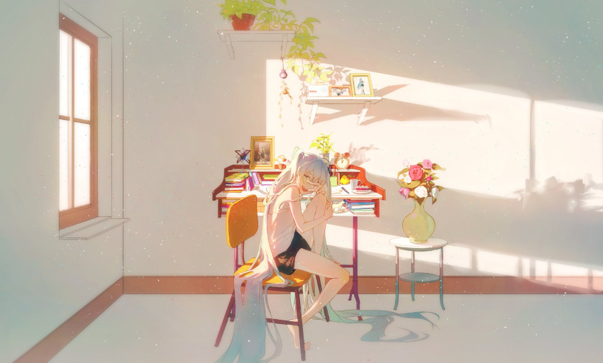 1girl, absurdly_long_hair, alarm_clock, bare_arms, bare_legs, barefoot, bell, black_shorts