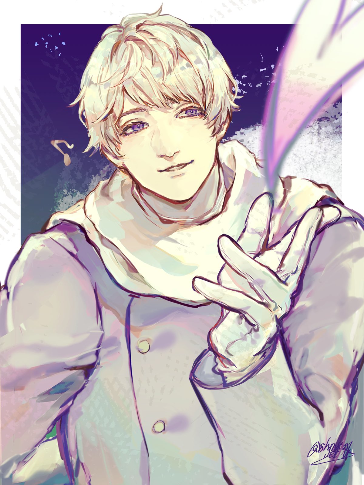 1boy, artist_name, axis_powers_hetalia, bandaged_neck, bandages, border, buttons, coat, commentary_request, floating_clothes, gloves, hand_up, highres, long_sleeves, looking_at_viewer, male_focus, musical_note, official_alternate_costume, open_mouth, outside_border, purple_background, purple_coat, russia_(hetalia), scarf, shinxxx000, short_hair, simple_background, smile, solo, upper_body, violet_eyes, white_border, white_gloves, white_hair, white_scarf