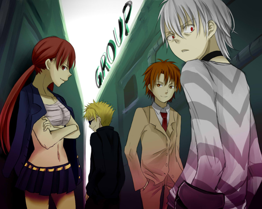 1girl, 3boys, a_certain_high_school_uniform, accelerator_(toaru_majutsu_no_index), albino, alley, bandages, bare_arms, belt, black_choker, black_jacket, black_pants, blonde_hair, blue_jacket, breasts, brown_eyes, brown_hair, brown_jacket, brown_pants, brown_suit, building, buttons, choker, closed_mouth, collarbone, collared_shirt, commentary, cowboy_shot, crossed_arms, crutch, day, diagonal-striped_clothes, diagonal-striped_shirt, etzali, from_behind, from_side, gakuran, green_background, grey_shirt, group_(toaru), hair_between_eyes, hand_in_pocket, highres, holding, jacket, jacket_on_shoulders, kirigaoka_girls'_academy_school_uniform, light_smile, long_hair, long_sleeves, looking_at_viewer, low_twintails, medium_breasts, medium_hair, miniskirt, multiple_boys, musujime_awaki, navel, necktie, negiko123123, open_clothes, open_jacket, outdoors, pants, parted_lips, pleated_skirt, red_eyes, red_hair, red_necktie, sarashi, school_uniform, shirt, short_hair, skirt, smile, standing, stomach, striped_clothes, striped_shirt, suit, sunglasses, toaru_majutsu_no_index, toaru_majutsu_no_index:_old_testament, tsuchimikado_motoharu, twintails, unabara_mitsuki, upper_body, white_hair, white_shirt, winter_uniform, yellow_belt