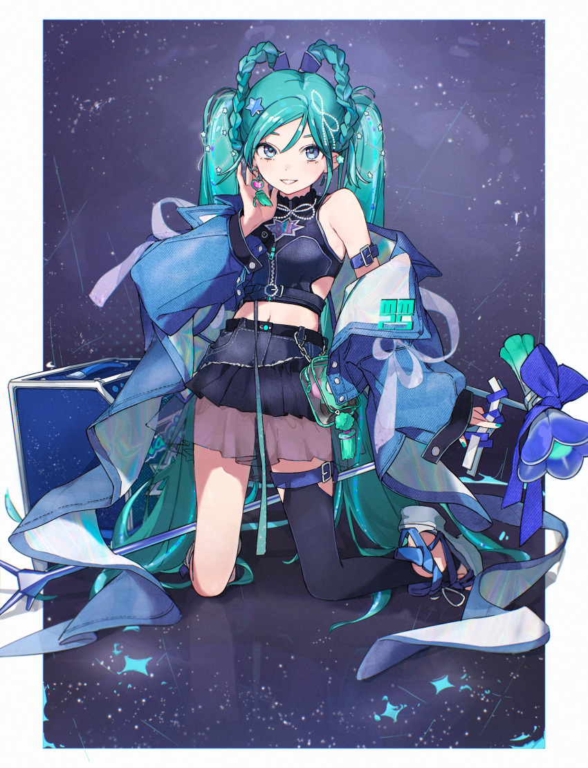 1girl, absurdres, aqua_hair, aqua_nails, arm_at_side, arm_belt, asymmetrical_clothes, asymmetrical_skirt