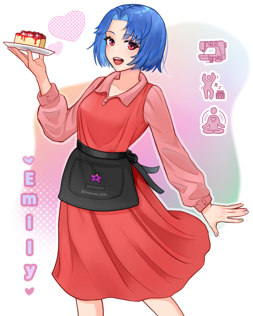 1girl, absurdres, apron, artist_name, blue_hair, cake, character_name, dancing