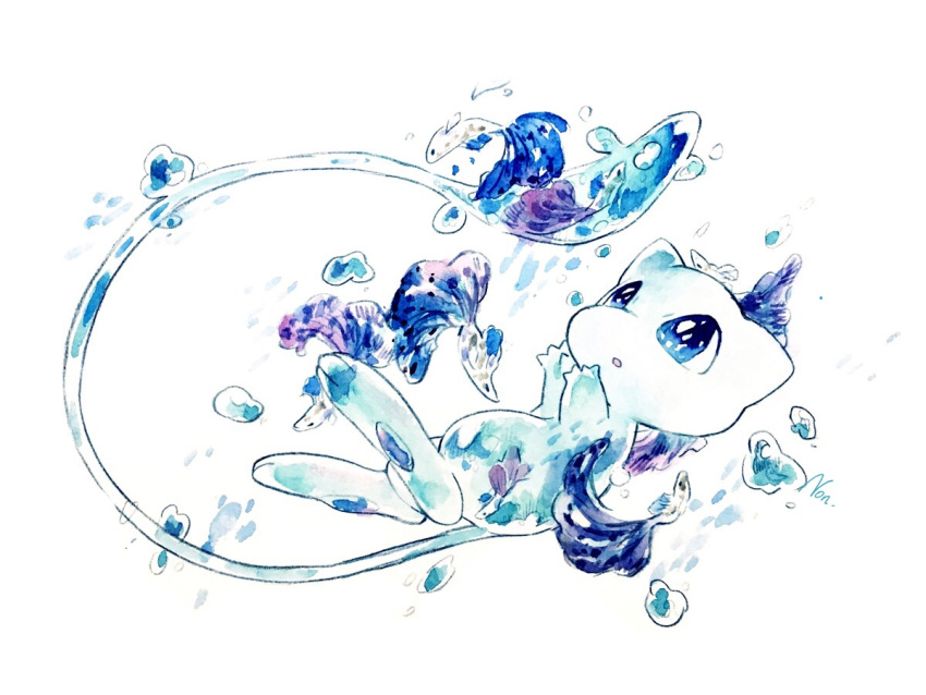 blue_eyes, fish, full_body, goldfish, liquid_body, mew, mew_(pokemon), no_humans