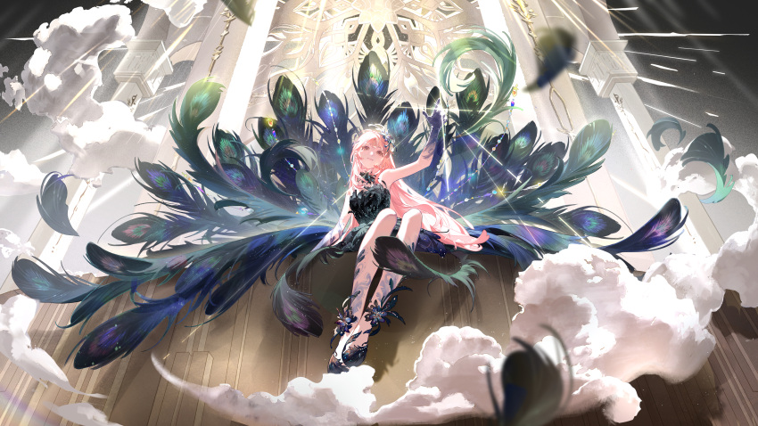 1girl, absurdres, anklet, artist_request, bare_shoulders, black_dress, black_shoes, brown_eyes