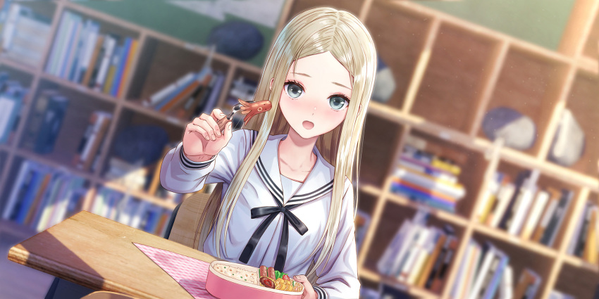 1girl, bento, black_ribbon, blonde_hair, blue_reflection_(series), blue_reflection_sun, blurry, blurry_background