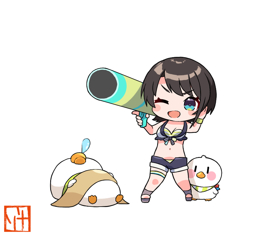 1girl, ;d, bikini, black_shorts, blue_eyes, blush_stickers, brown_hair, chibi