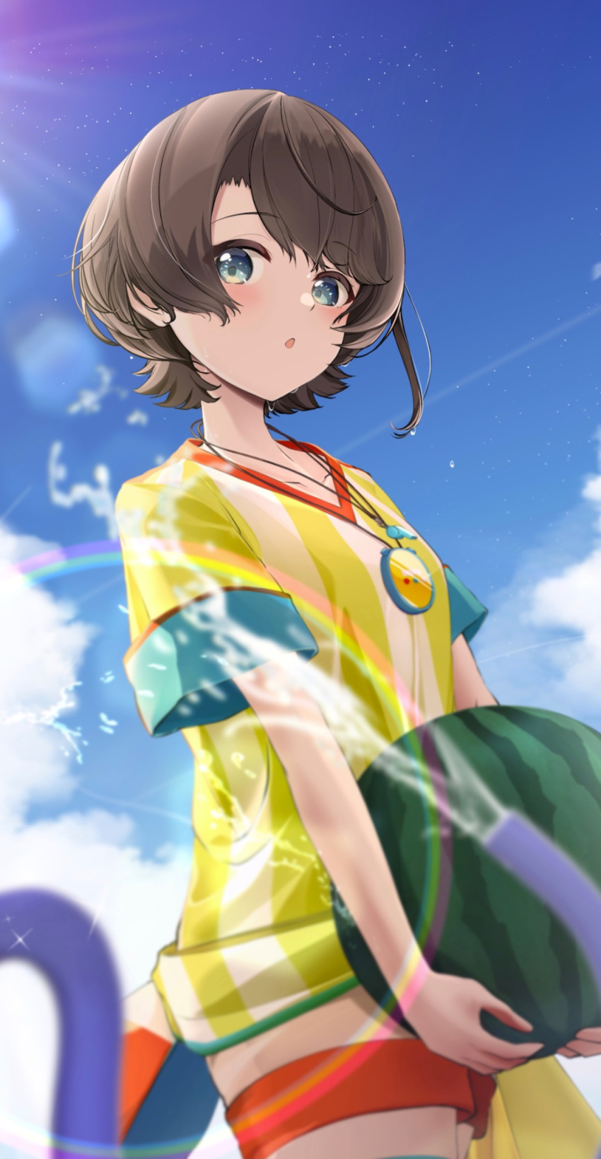 1girl, :o, blue_eyes, blue_sky, blurry, blurry_foreground, blush, brown_hair