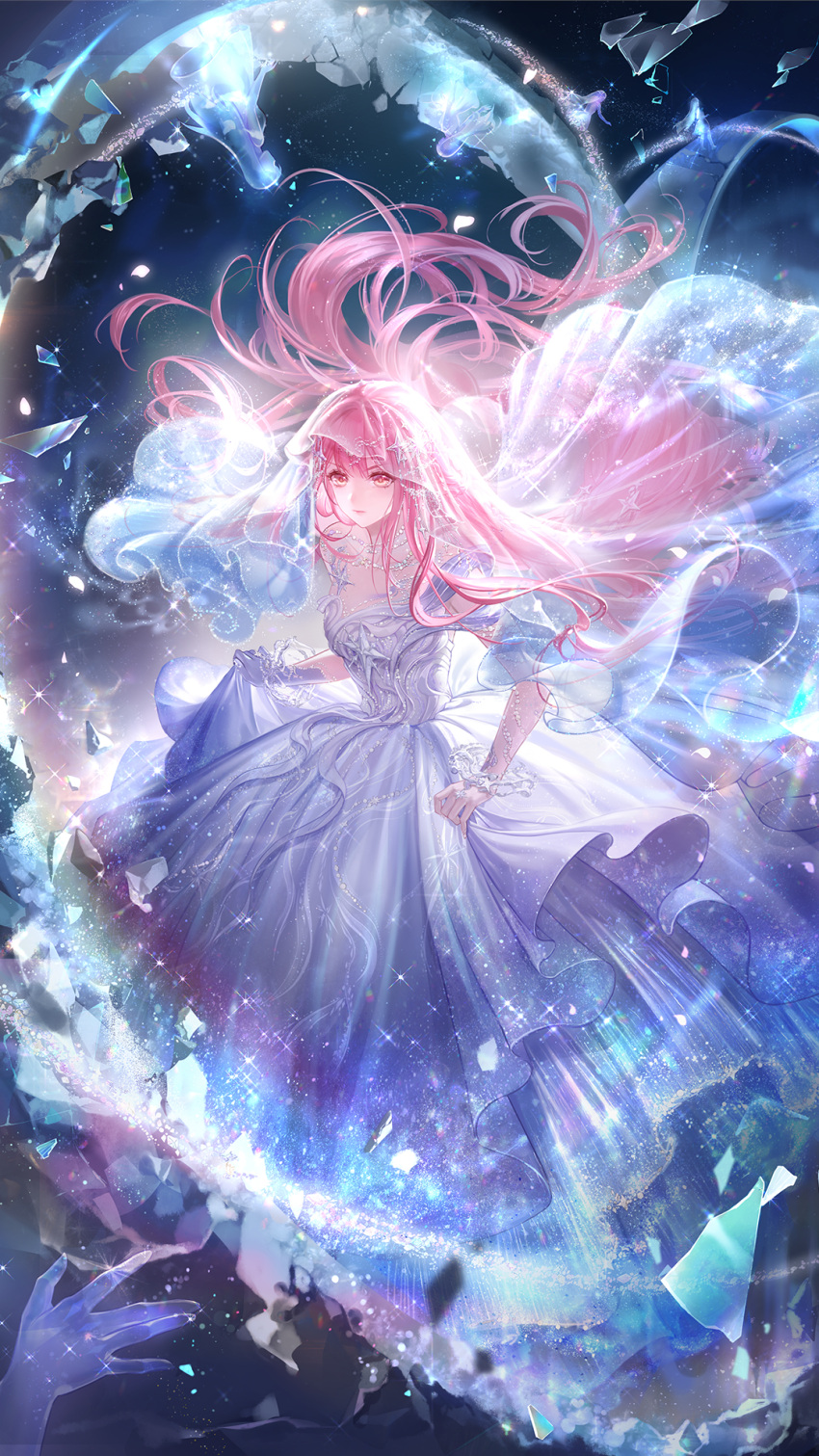 1girl, artist_request, bracelet, brown_eyes, by_stars_be_sworn_(shining_nikki), determined, dress, floating_clothes