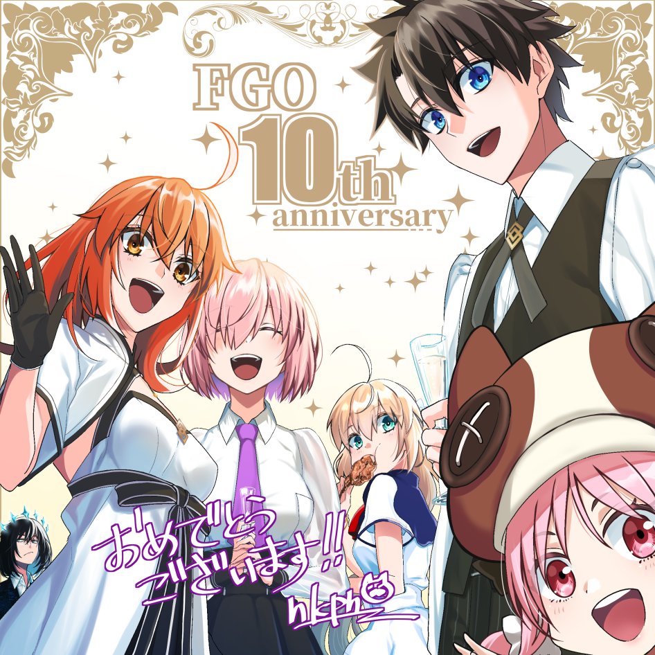 2boys, 4girls, ahoge, anniversary, artoria_caster_(fate), artoria_pendragon_(fate), black_hair, blonde_hair