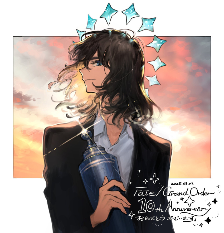 1boy, anniversary, black_hair, black_jacket, blue_crown, blue_eyes, collared_shirt, crown