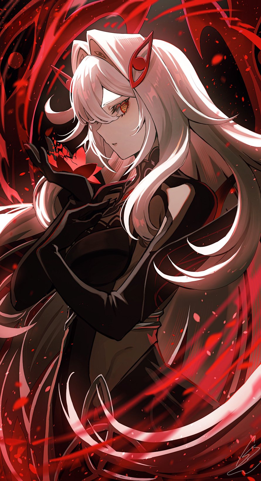 1girl, black_dress, bodystocking, dress, eye_hair_ornament, eye_symbol, genshin_impact, hair_between_eyes, hair_intakes, hair_ornament, highres, long_hair, looking_at_viewer, ronova_(genshin_impact), shibuki_kamone, side_ahoge, solo, symbol-shaped_pupils, very_long_hair, white_hair, yellow_eyes