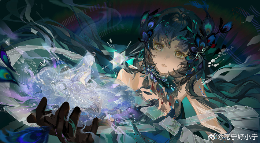 2girls, bare_shoulders, beads, black_background, black_dress, black_gloves, black_hair, blue_dress