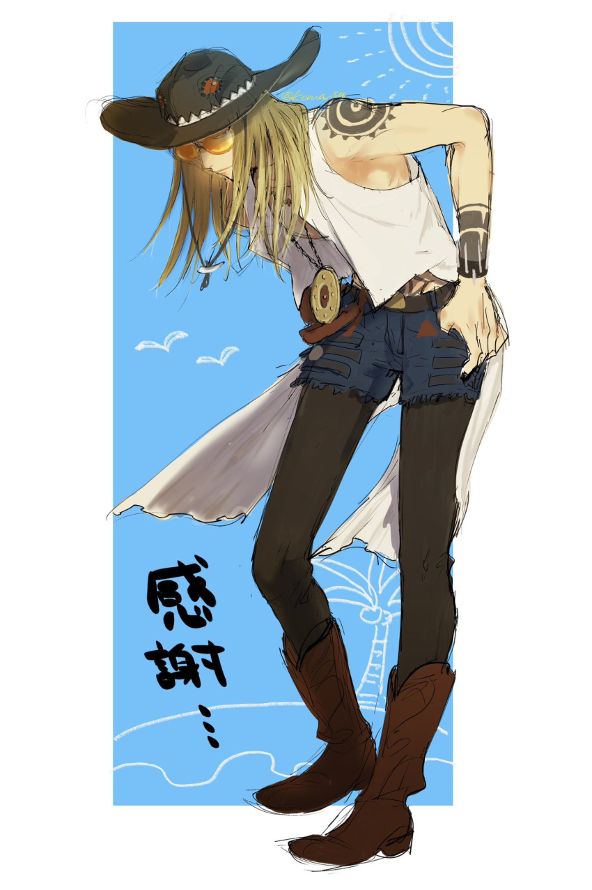 1boy, belt, black_leggings, blonde_hair, boots, cowboy_boots, cowboy_hat, denim