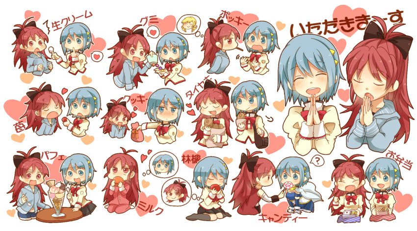 blonde_hair, blue_eyes, blue_hair, blush, bow, candy, chocolate, closed_eyes