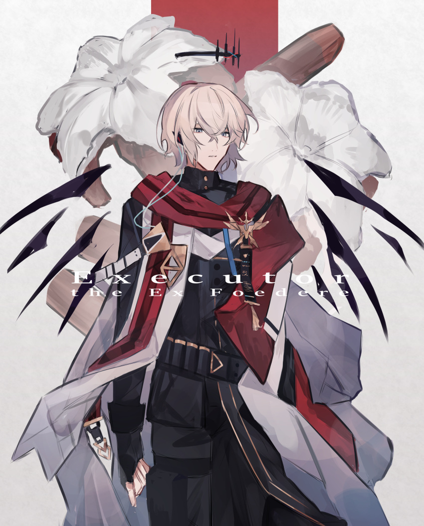 1boy, absurdres, arknights, belt, black_pants, black_shirt, blonde_hair, cape