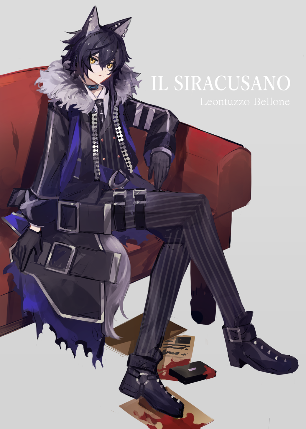 1boy, animal_ear_piercing, animal_ears, arknights, belt, black_coat, black_gloves, black_hair