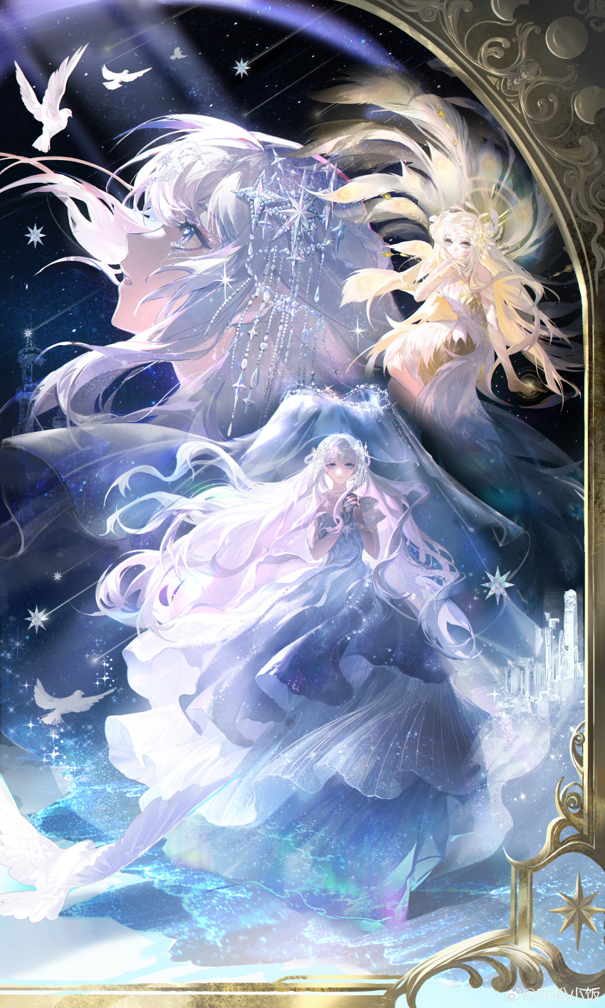 2girls, absurdres, baofandxy, bare_shoulders, bird, black_gloves, blonde_hair, blue_dress