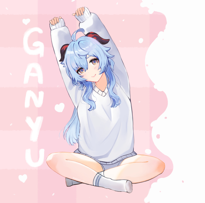 arms_up, blue_hair, character_name, crossed_legs, ganyu_(genshin_impact), genshin_impact, highres, horns