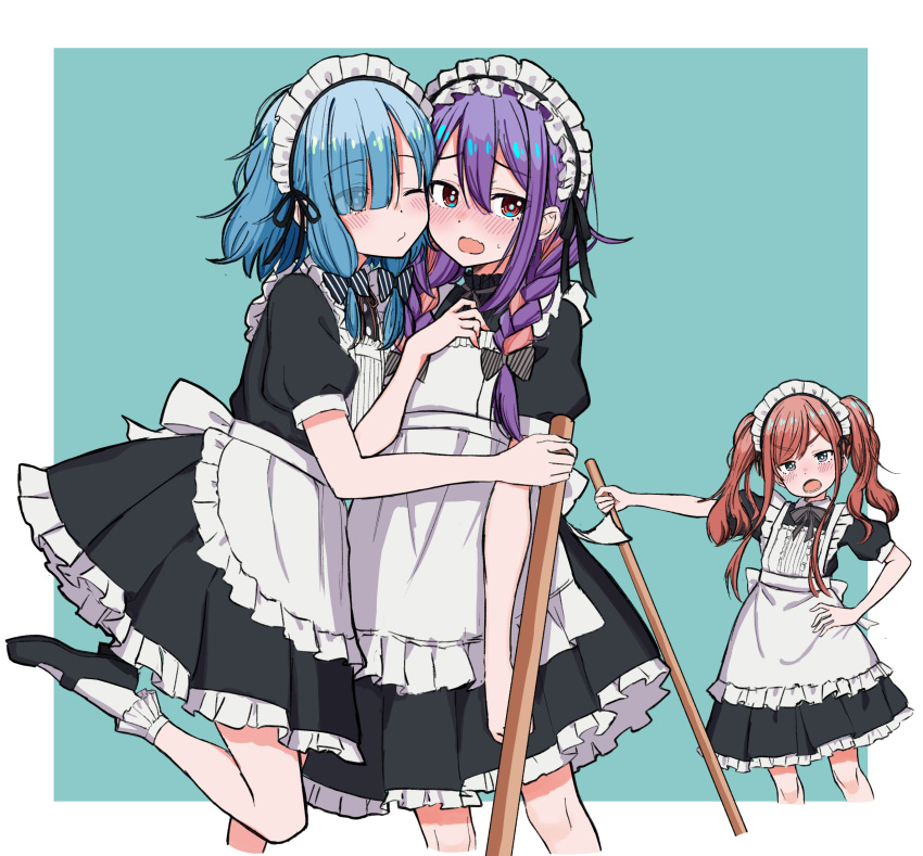 3girls, absurdres, apron, aqua_background, arm_at_side, black_bow, black_dress, black_shoes