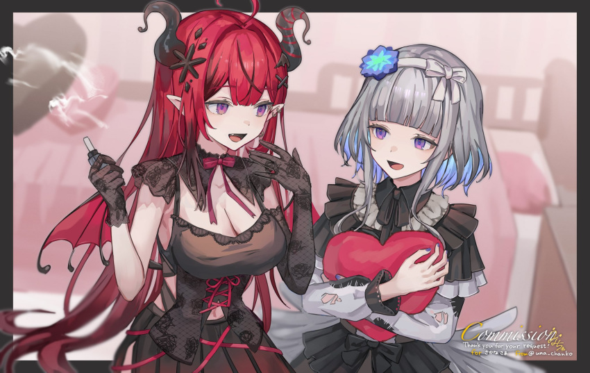 black_dress, blue_flower, collar, colored_inner_hair, dress, feathers, flower, frilled_collar