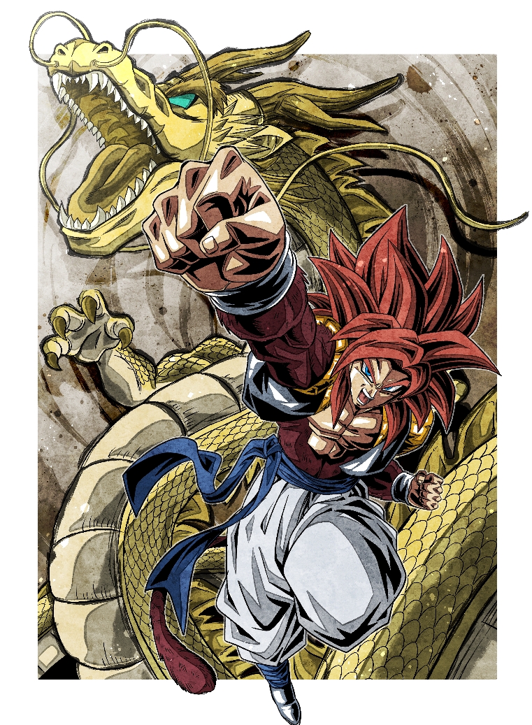 1boy, blue_eyes, blue_sash, body_fur, charging_forward, clenched_hands, dougi, dragon
