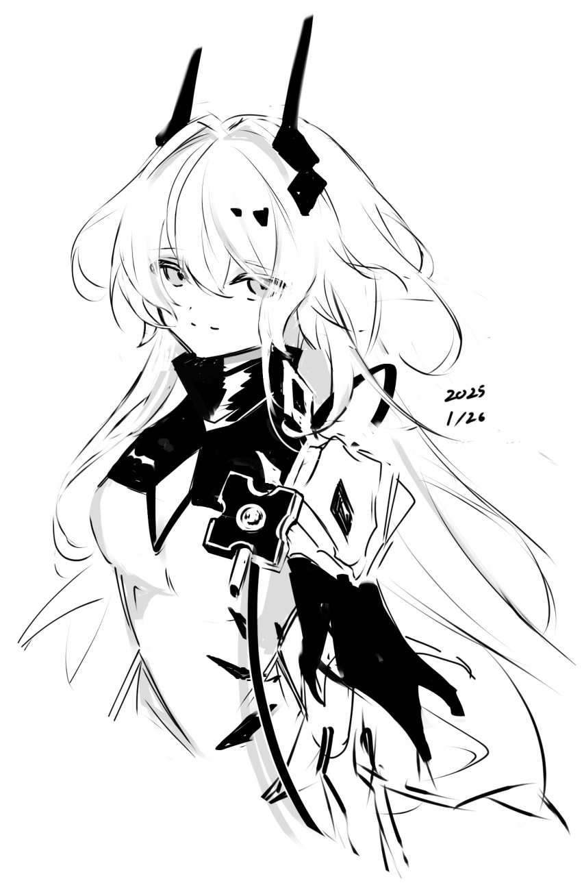 1girl, arknights, breasts, cleavage_cutout, clothing_cutout, commentary, dated, greyscale