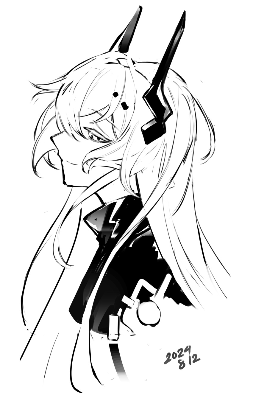 1girl, absurdres, arknights, black_dress, commentary, cropped_shoulders, dated, dress, greyscale, half-closed_eyes, highres, horns, long_hair, monochrome, senjunamako_(hakiaya), sidelocks, simple_background, sketch, solo, theresa_(arknights), white_background
