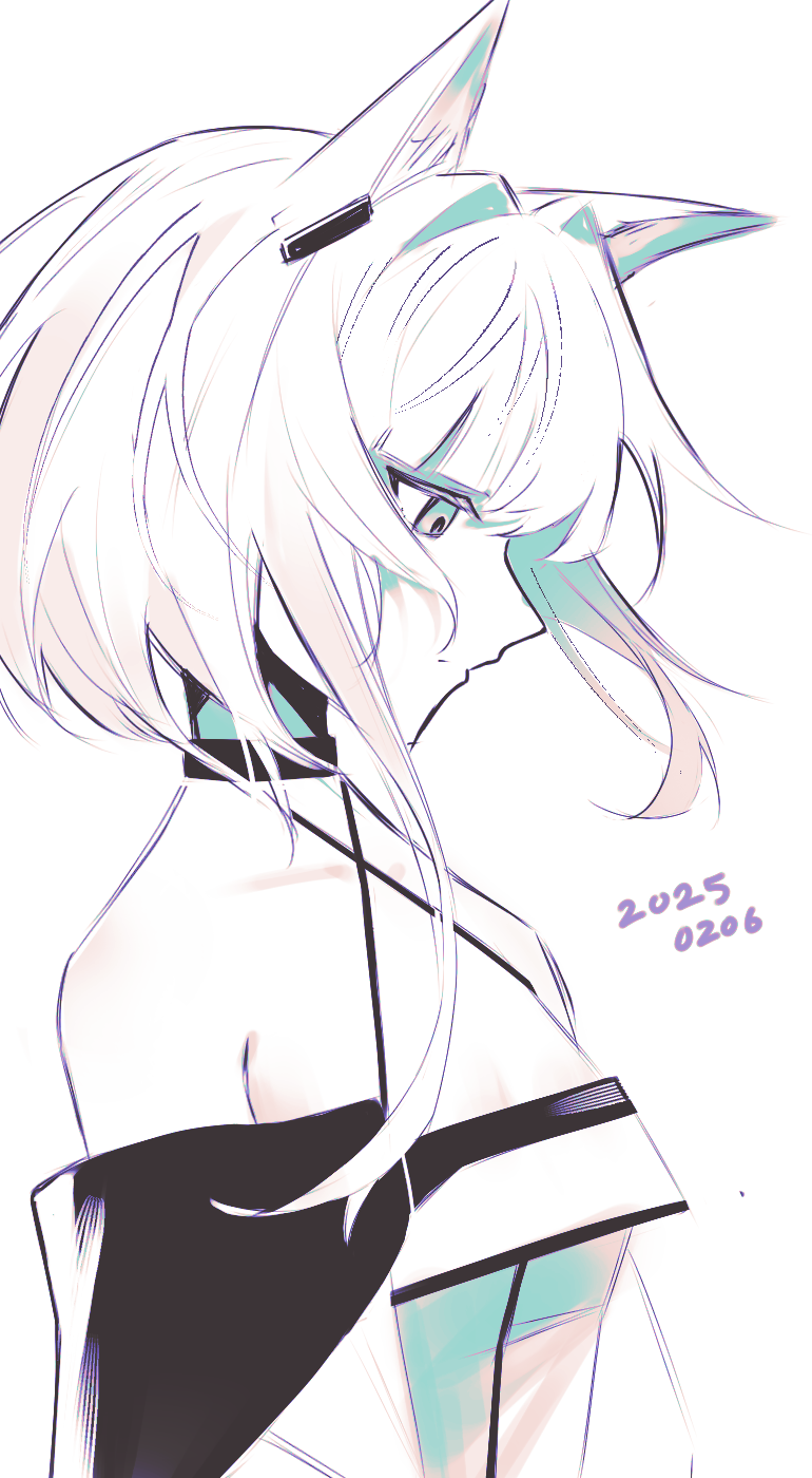 1girl, animal_ears, arknights, breasts, cat_ears, colored_inner_hair, commentary, dated