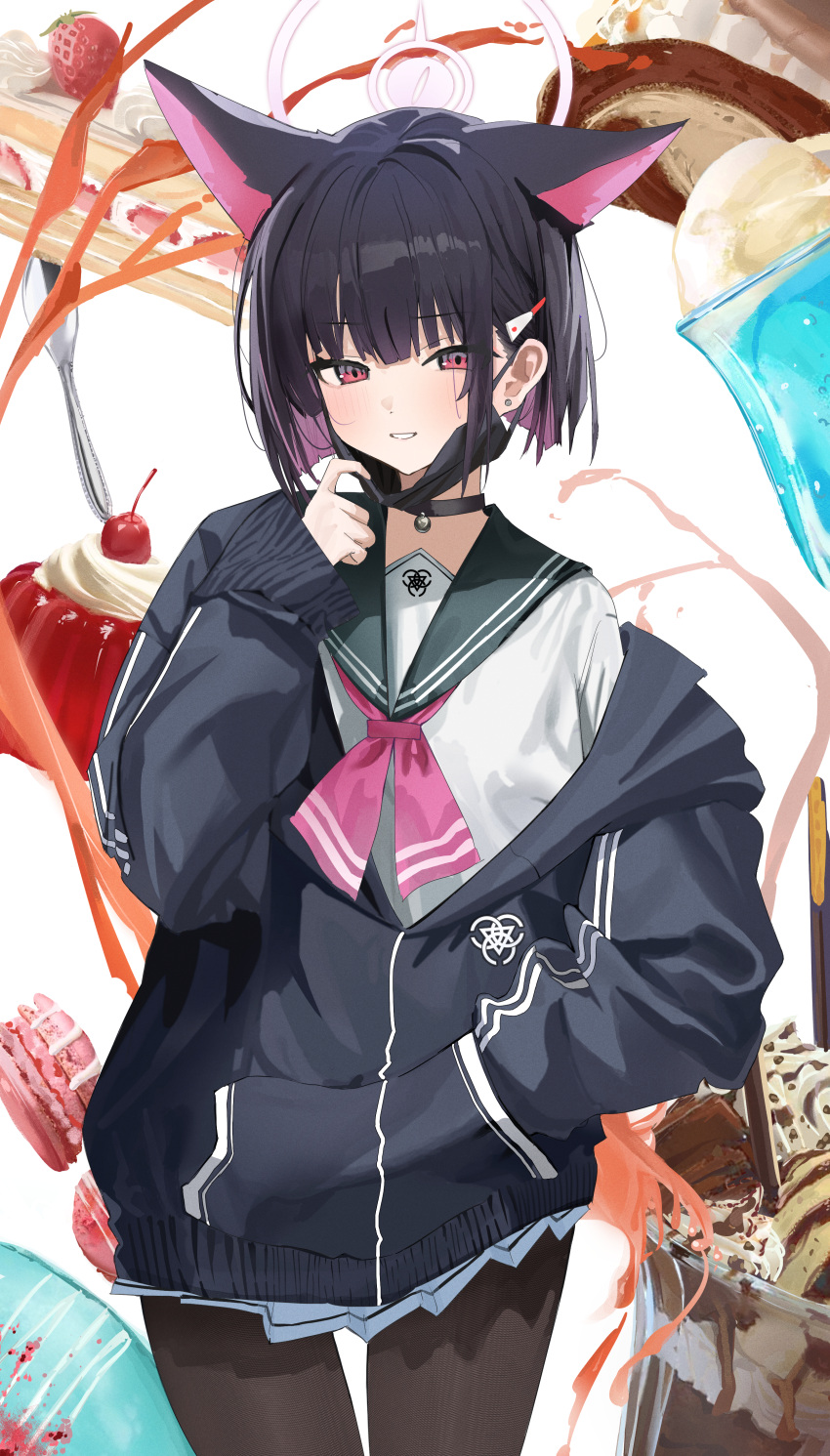 1girl, absurdres, animal_ears, black_choker, black_hair, black_jacket, black_mask, black_pantyhose