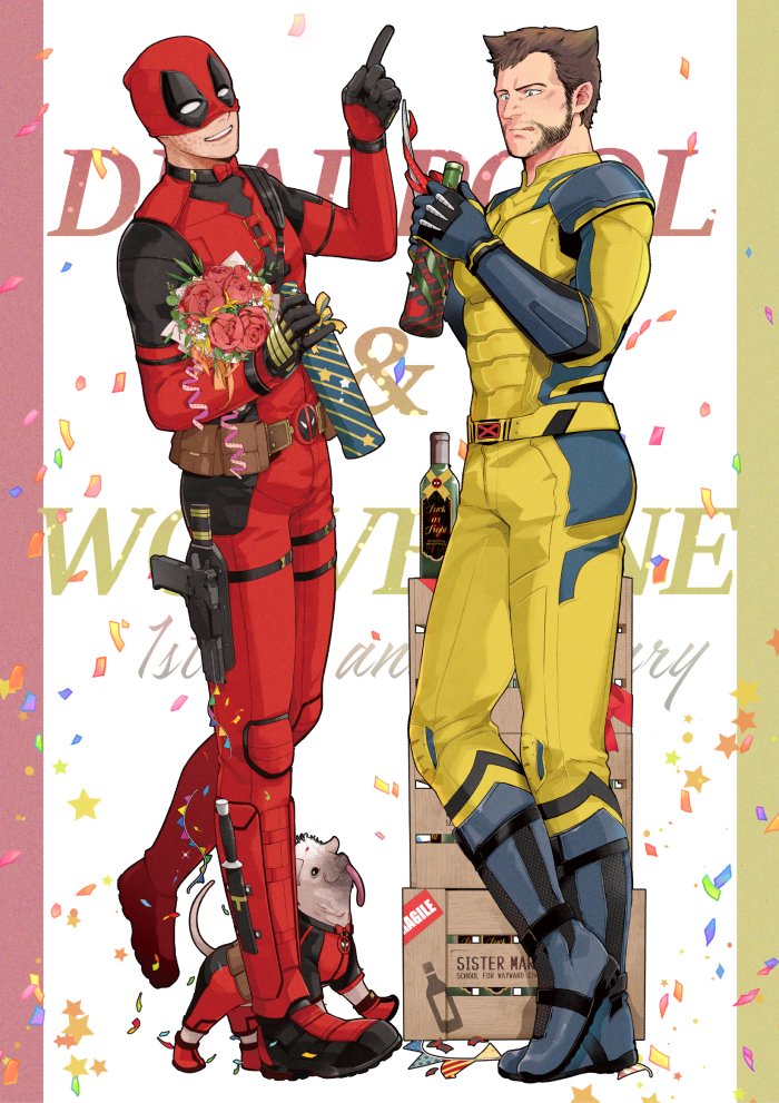 2boys, :q, alcohol, beard, belt, bodysuit, boots, bottle