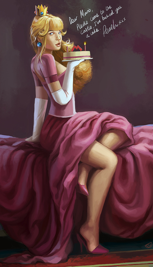agentscarlet, blonde_hair, blow, blue_eyes, brown_hair, cake, candle, crown, earrings, elbow_gloves, food, gloves, jewelry, long_hair, looking_back, princess_peach, realistic