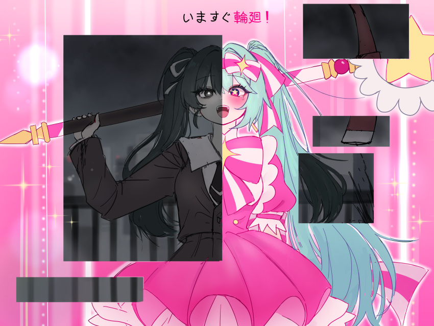 1girl, :d, absurdres, black_eyes, black_jacket, black_skirt, blue_hair, bow