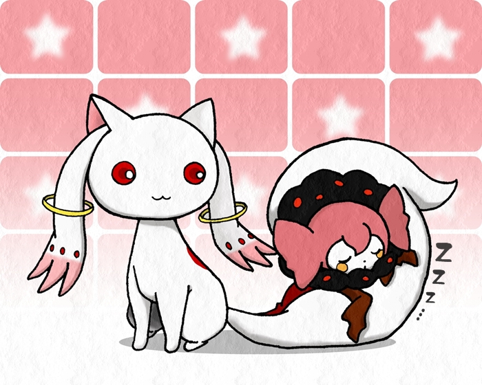 charlotte_(madoka_magica), chibi, closed_eyes, eyes_closed, hazuki_15pika, kyubey, kyuubee, mahou_shoujo_madoka_magica