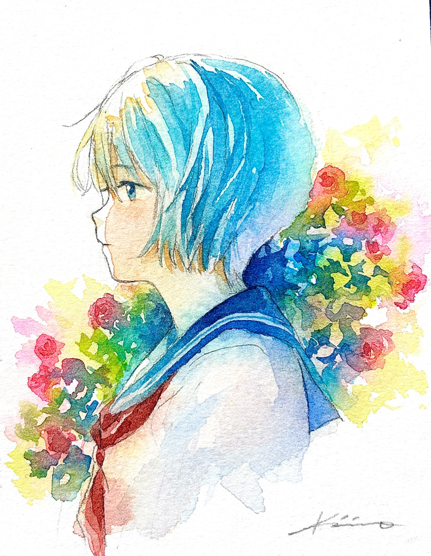 1girl, absurdres, aose_kiiro, blue_sailor_collar, cropped_torso, flower, from_side, highres
