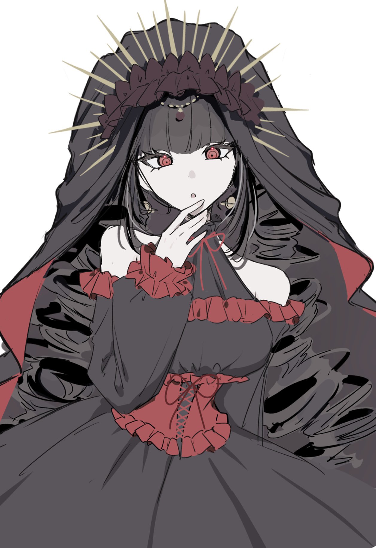 1girl, :o, bare_shoulders, black_hair, celestia_ludenberg, cowboy_shot, danganronpa:_trigger_happy_havoc, danganronpa_(series), danganronpa_10th_anniversary_costume, dress, earrings, frills, hand_up, highres, jewelry, long_hair, long_sleeves, looking_at_viewer, nene_(n_ene), official_alternate_costume, red_eyes, simple_background, solo, white_background