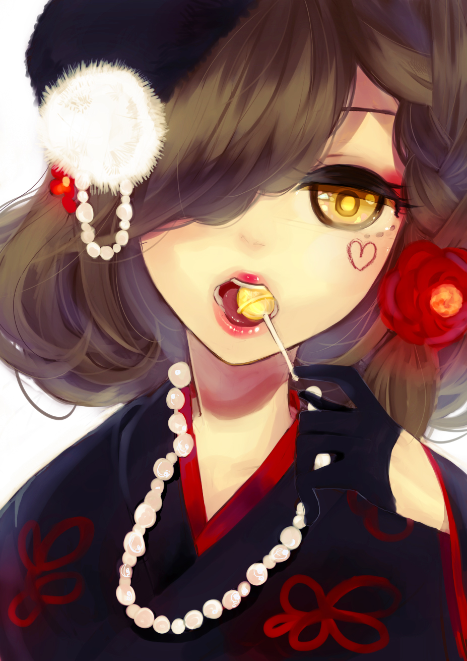 brown_hair, candy, face_tattoo, facial_tattoo, flower, gloves, hair_flower, hair_ornament