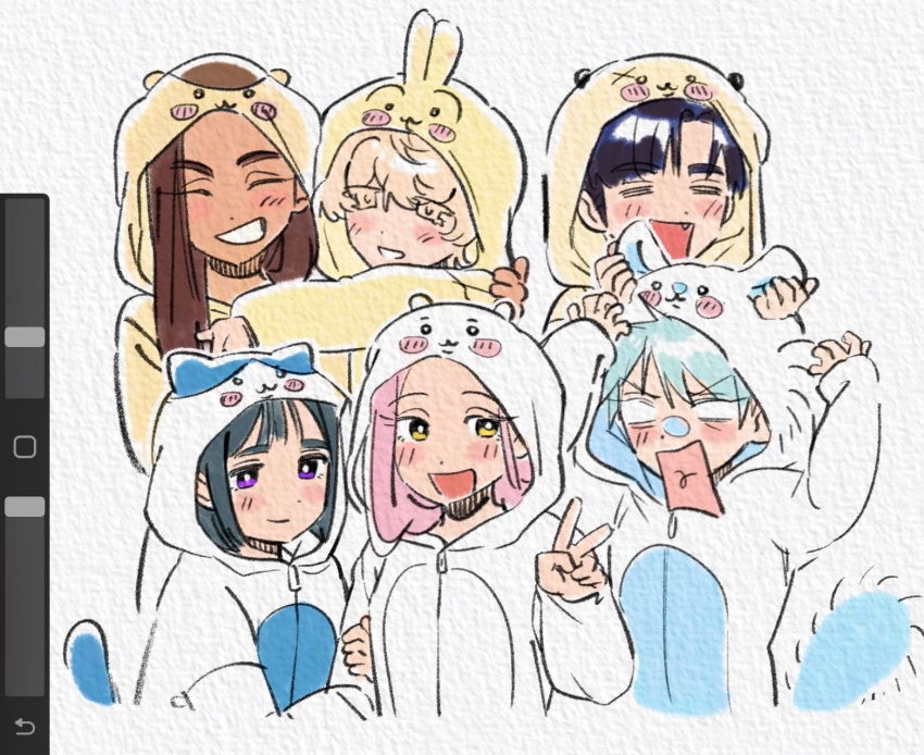 3boys, 3girls, alien_stage, animal_ear_hood, animal_ears, art_program_in_frame, black_hair, blank_eyes