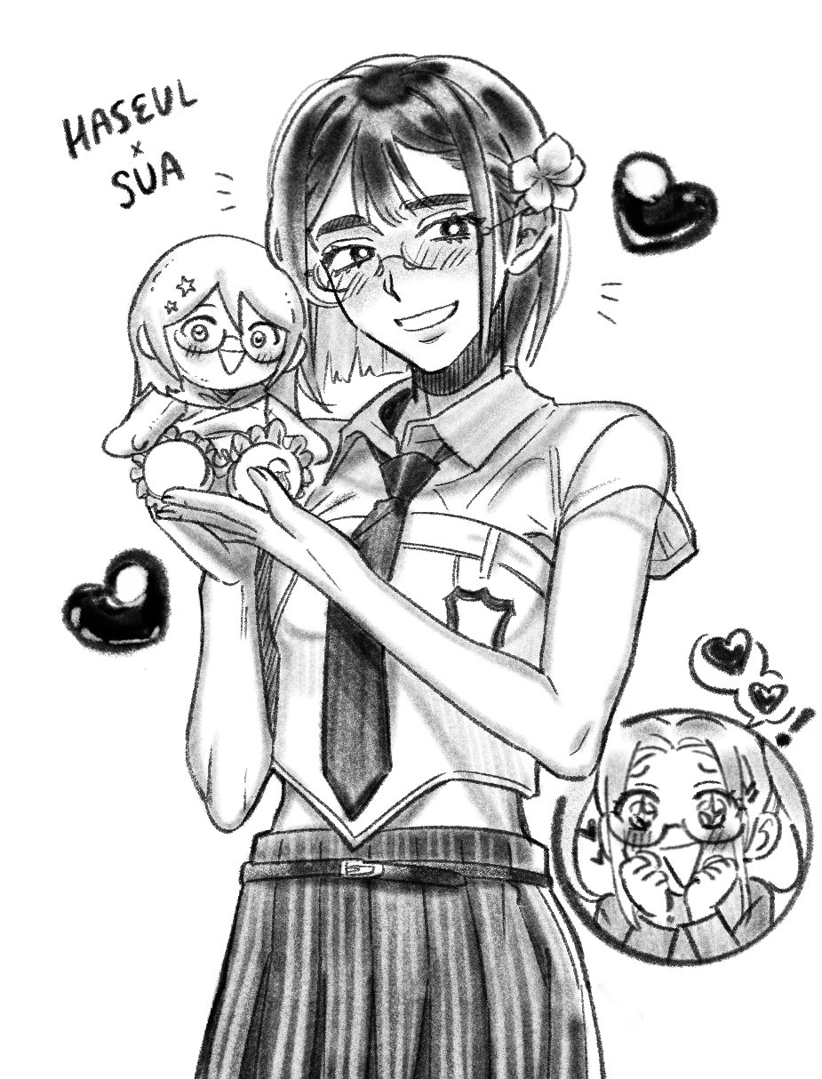 !, 2girls, alien_stage, bob_cut, character_doll, character_name, collared_shirt, commentary, cosplay, doll, english_commentary, flower, glasses, greyscale, hair_flower, hair_ornament, haseul_(loona), haseul_(loona)_(cosplay), heart, highres, holding, holding_doll, loona_(group), mizi_(alien_stage), monochrome, multiple_girls, necktie, nesheesuu2, shirt, short_hair, short_sleeves, skirt, smile, solo_focus, sua_(alien_stage)