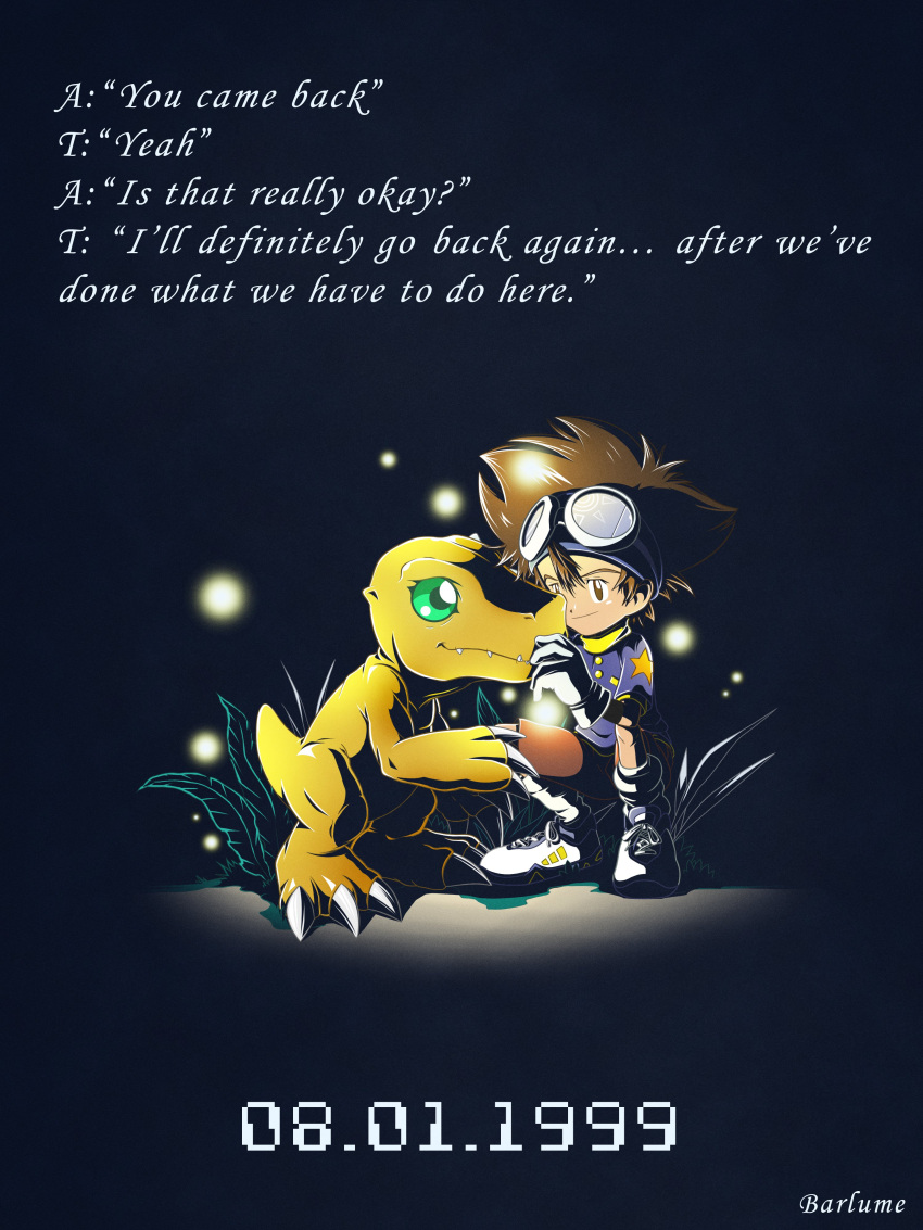 1boy, absurdres, agumon, barlume_(barlzar), blue_shirt, brown_eyes, brown_hair, digimon