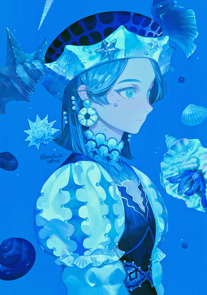 1girl, blue_background, blue_eyes, blue_hat, blunt_ends, breasts, clam_shell, cleavage_cutout, clothing_cutout, conch, earrings, face_jewel, from_side, hat, hermit_crab, jewel_under_eye, jewelry, looking_to_the_side, medium_hair, original, pearl_earrings, pearl_hair_ornament, pearl_hat_ornament, pofu31, puff_and_slash_sleeves, puffy_sleeves, sea_urchin, shell, shell_earrings, signature, simple_background, small_breasts, solo, starfish_hat_ornament, turtleneck, twitter_username, white_sleeves